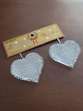 Clear Glitter Heart Oranament, Set Of 2